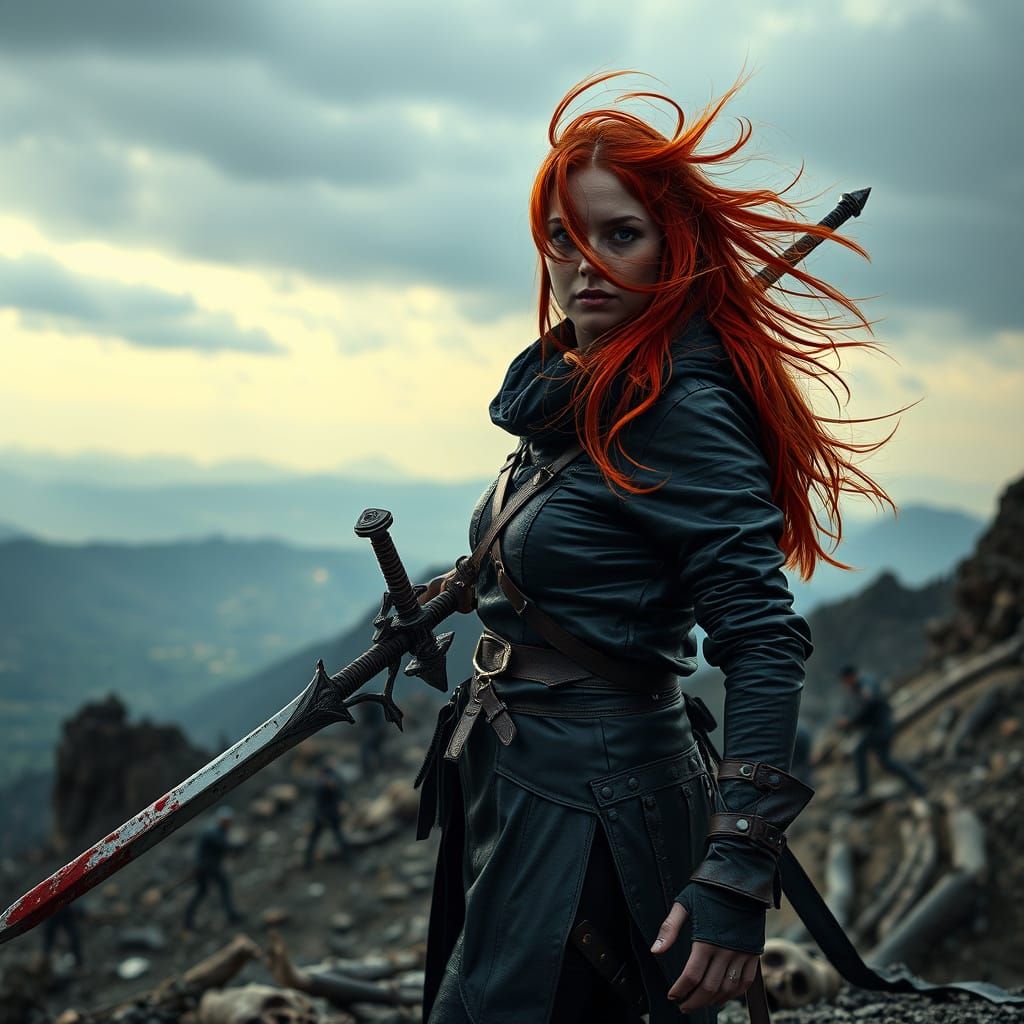 Post-Apocalyptic Warrior on Ruined Hilltop in Dark Red Haze