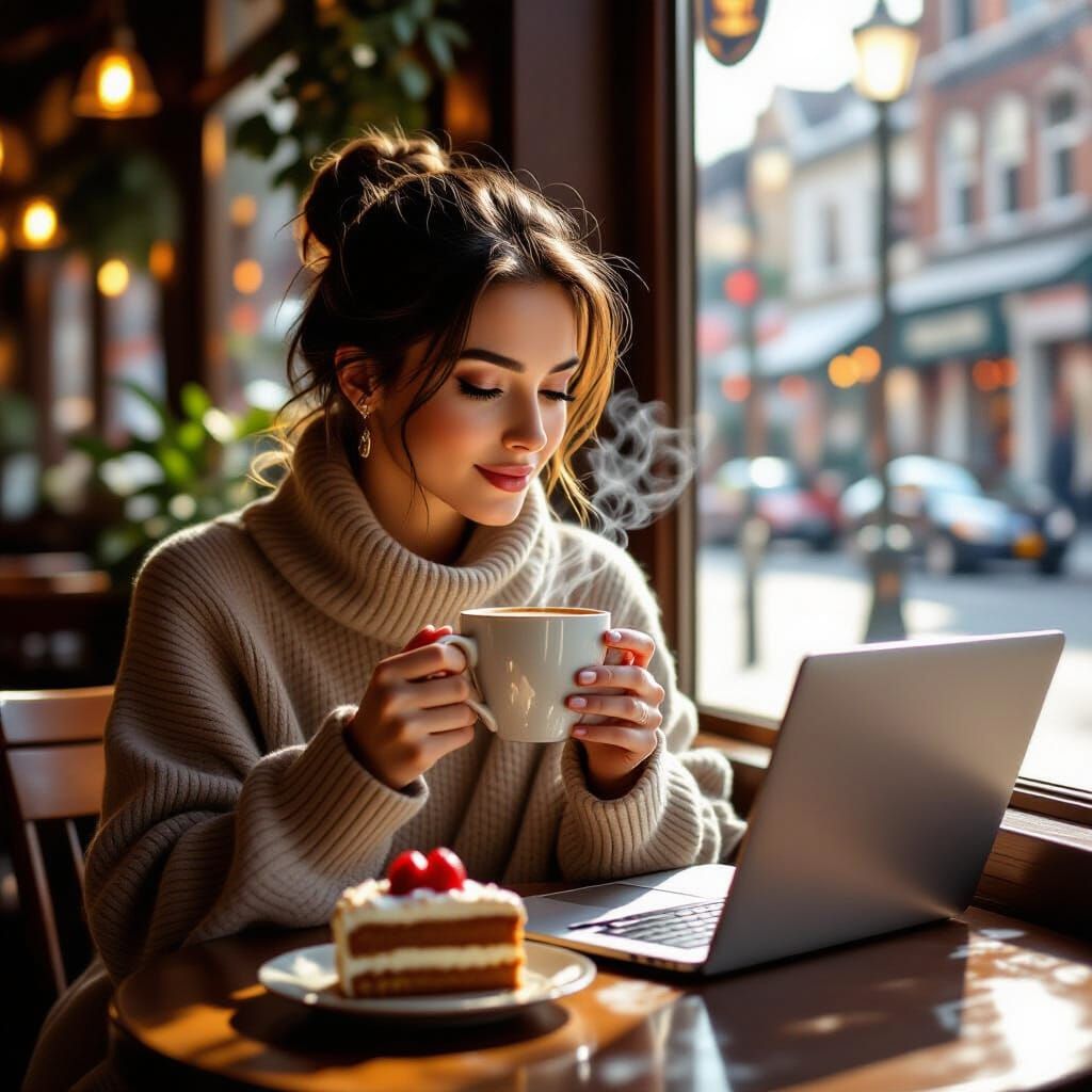 Woman Enjoying Coffee in Cozy Cafe, Realistic Painterly Styl...