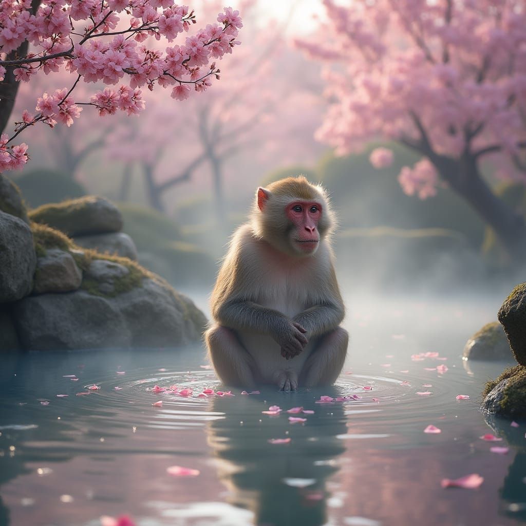 Japanese Macaque in Cherry Blossom Hot Spring