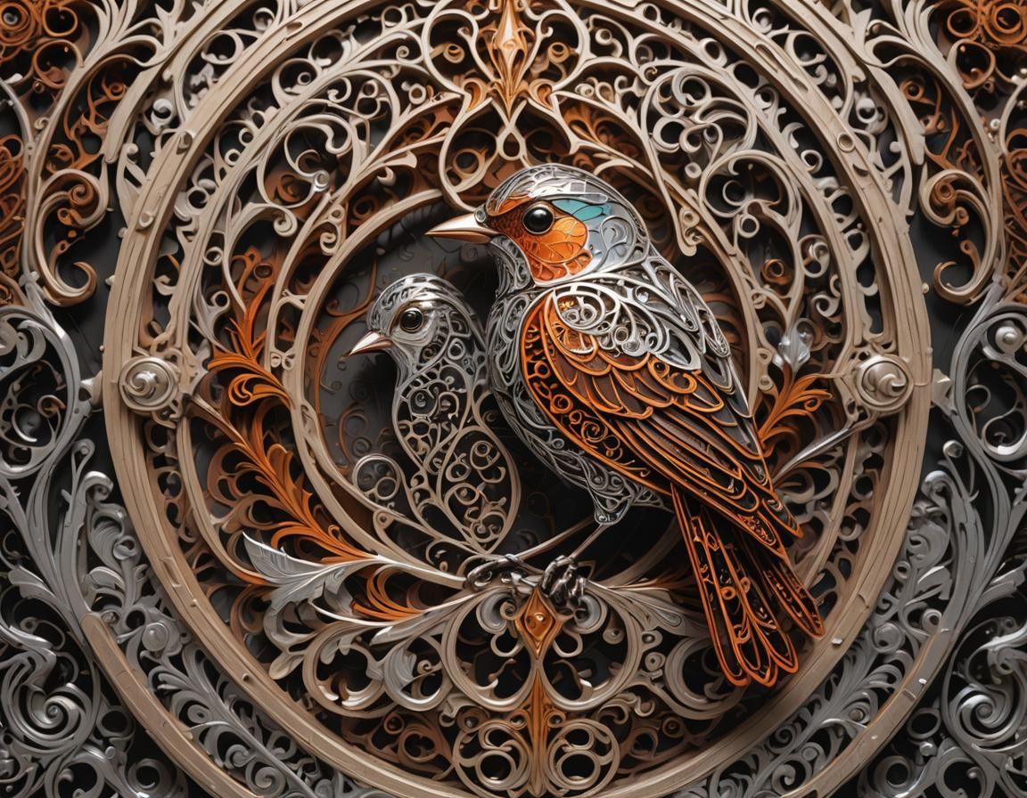 Metallic Songbird with Silk in Dystopian Fantasy Style