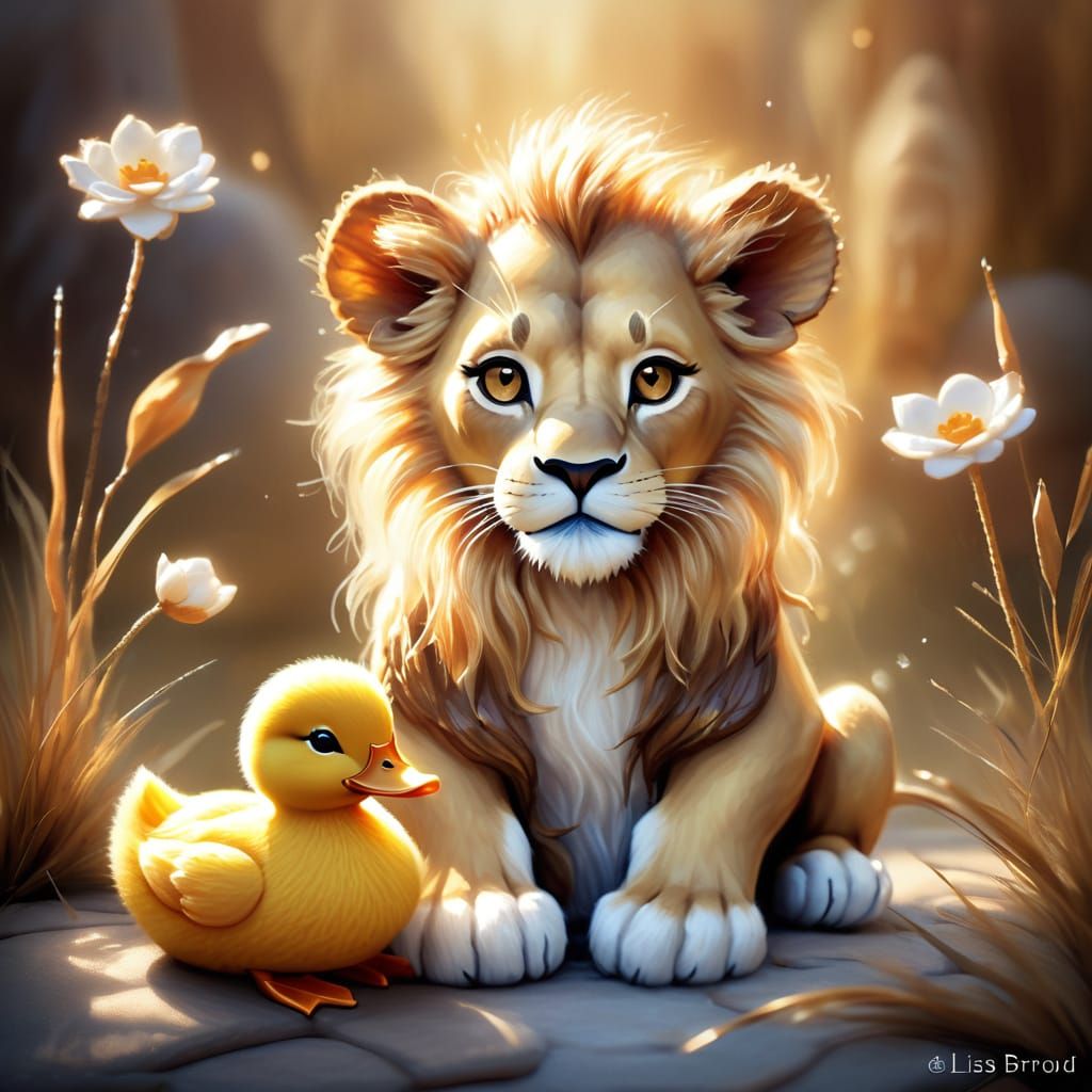 Cute Baby Lion and Duck in Whimsical Fantasy Art