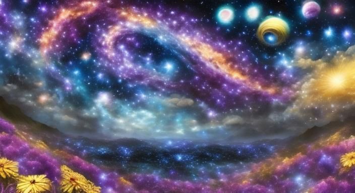 Cosmic Galaxy with Rainbow Flowers in Van Gogh Style