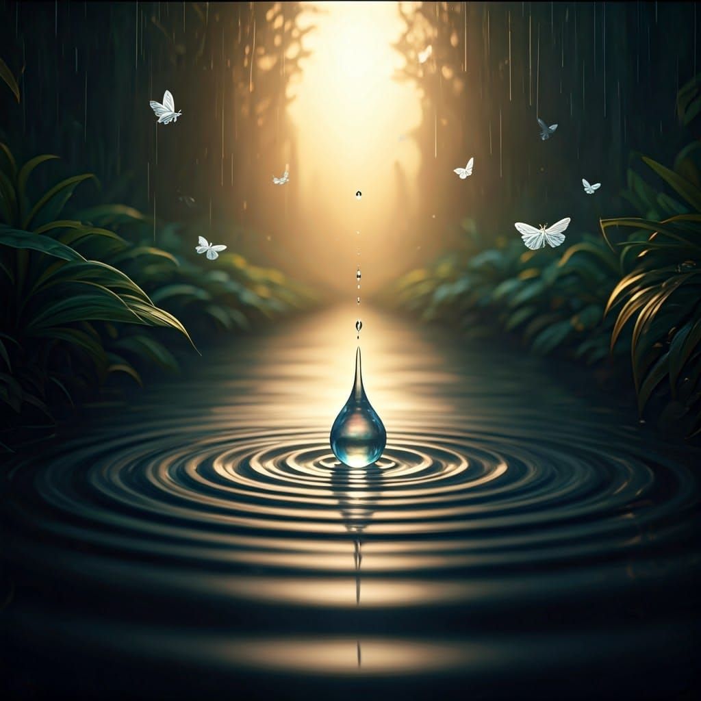 Iridescent Raindrop Touches Down in Serene River, Silver Mot...