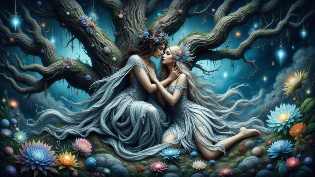 Arcane Nymph's Enchanted Embrace: Bioluminescent Forest