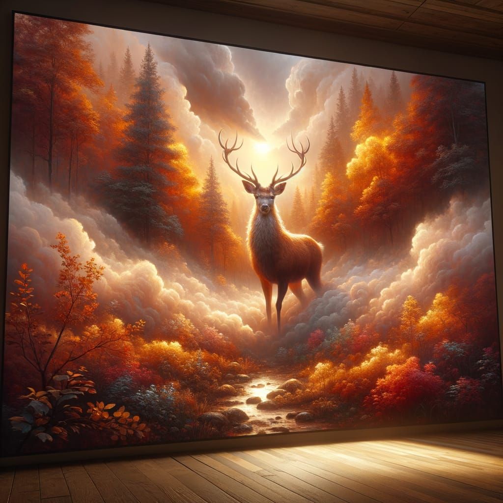 Majestic Deer Amidst Autumn Fog in Warm Amber Hues