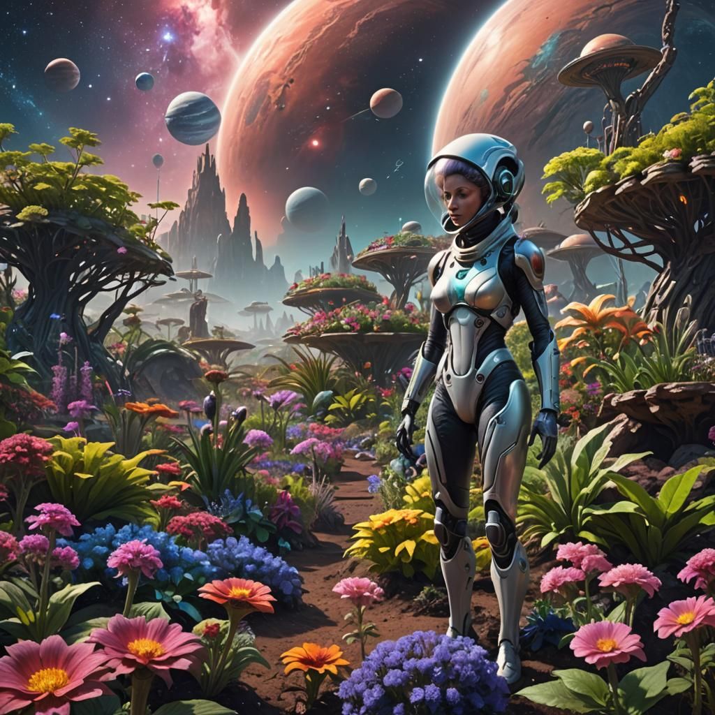 Alien Woman Planting Flowers in Space Garden