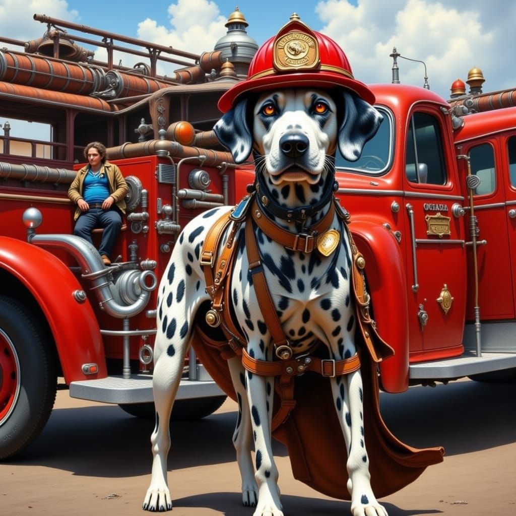 Dalmatian Firefighter by Vintage Truck in Vivid Colors