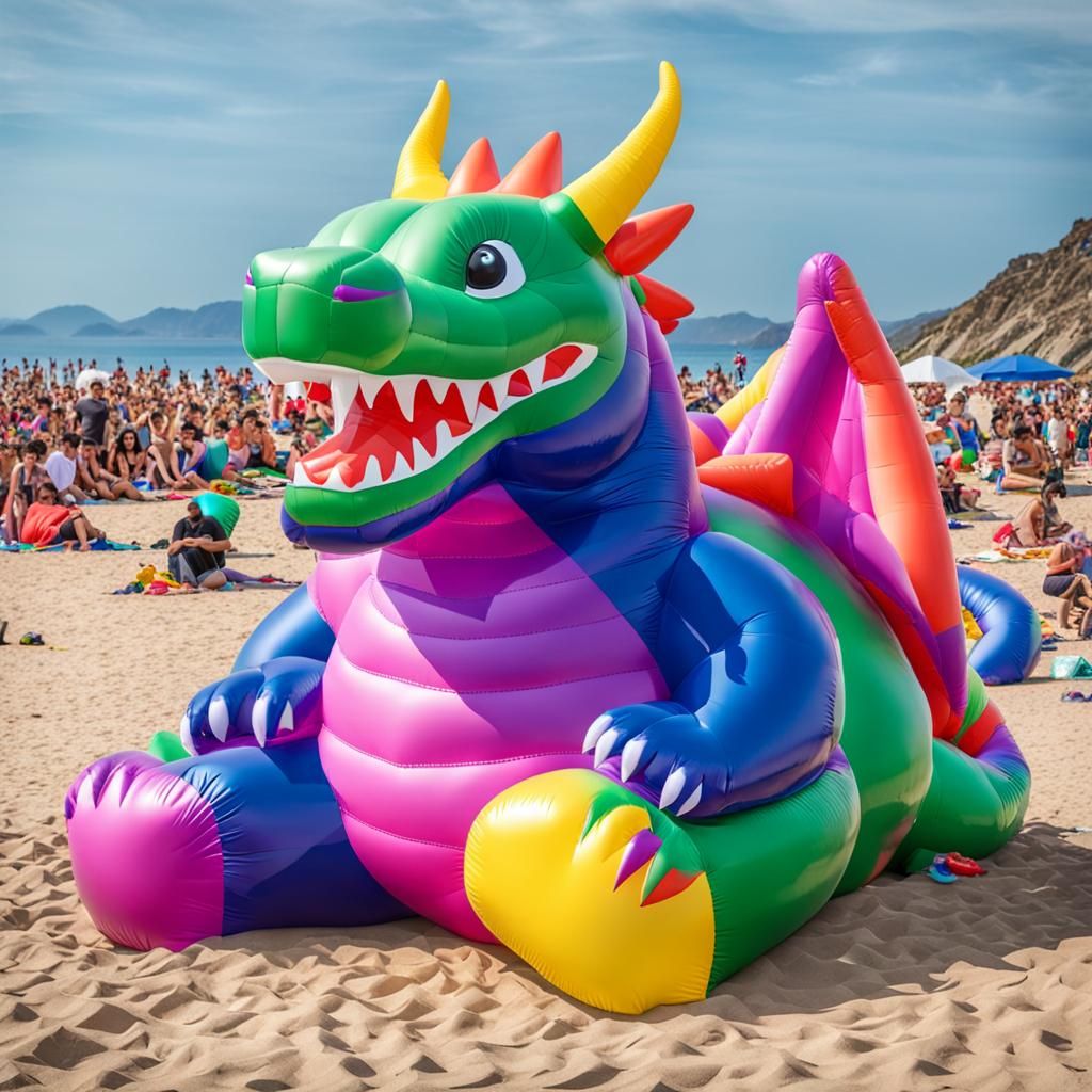 Colossal Inflatable Dragon on Crowded Beach