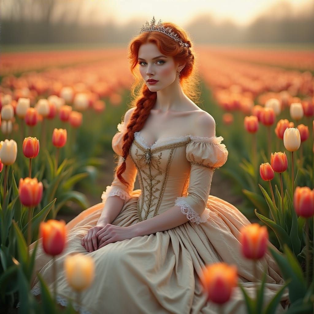 Regal Redheaded Princess in Vibrant Tulip Field