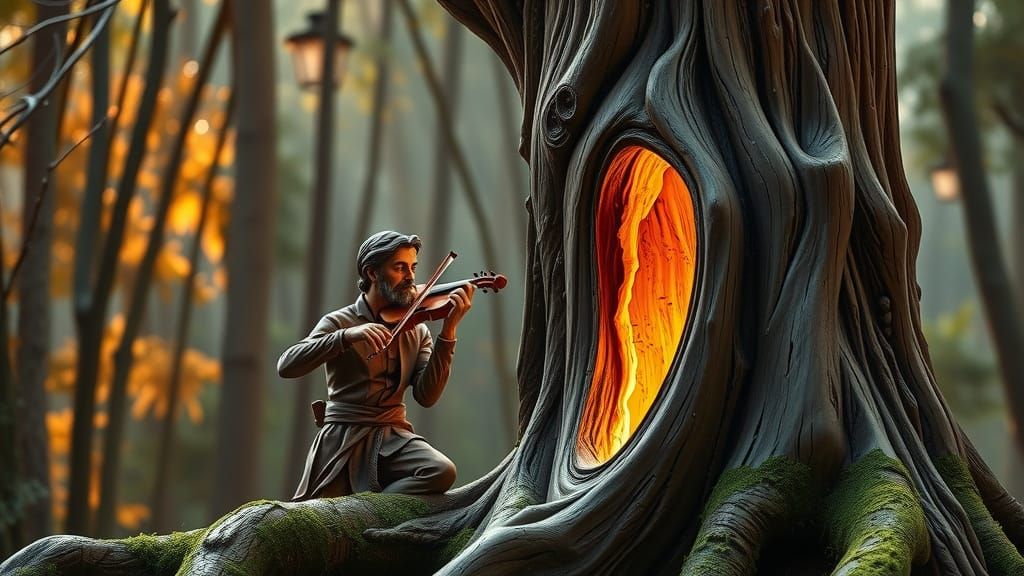 Luthier Carving Violin from Sentient Tree Sculpture