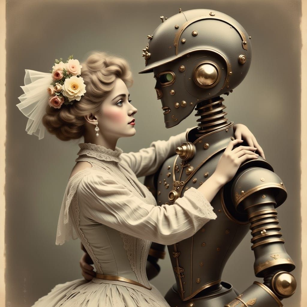 Victorian Dieselpunk Gibson Girl Dances with Robot Servant