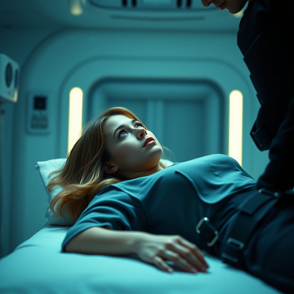 Dystopian Medbay Scene with Woman and Soldier