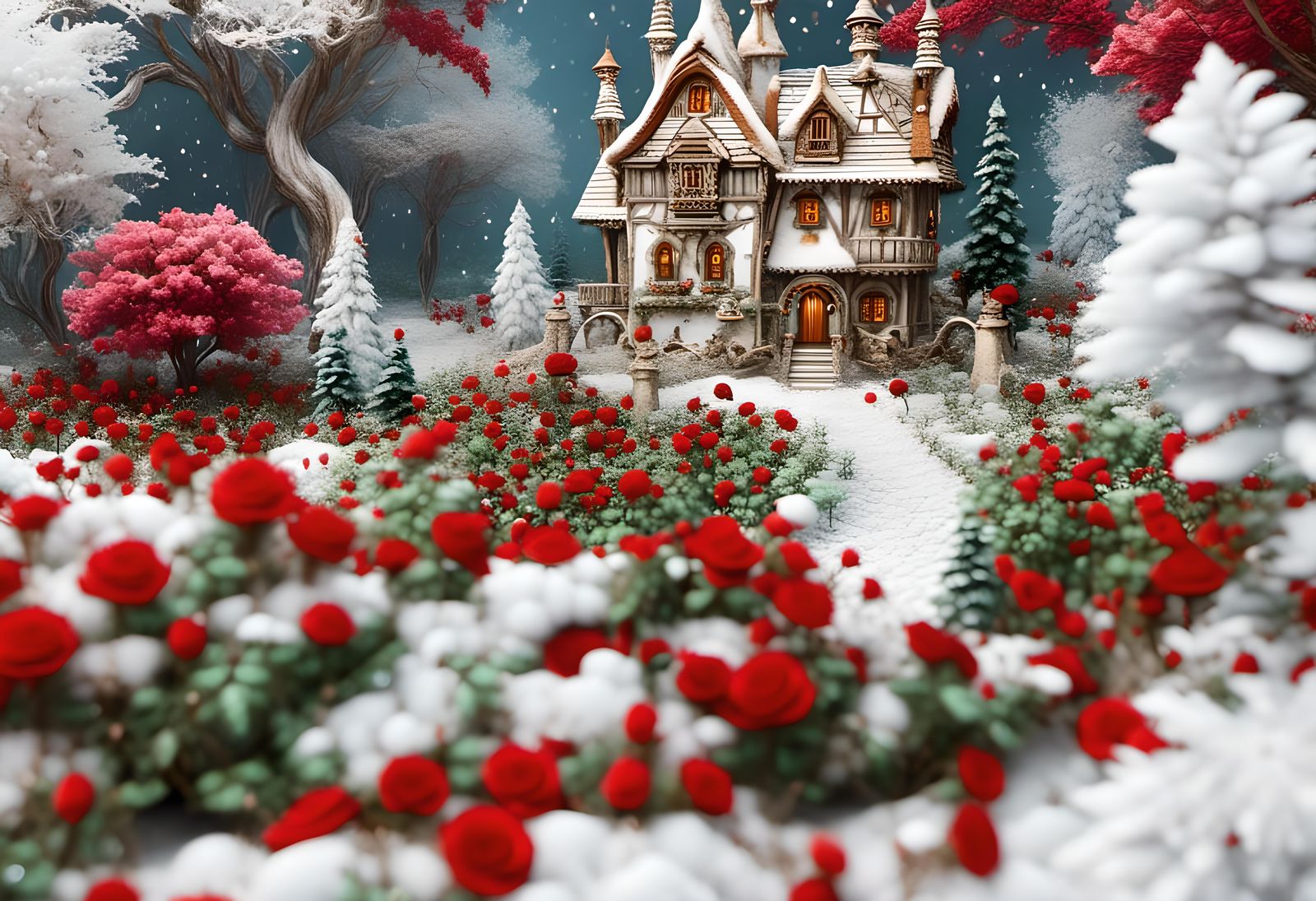 <lora:Dalle 3 lora 1:1.0> Fantasy fairy house, snow, roses, ...