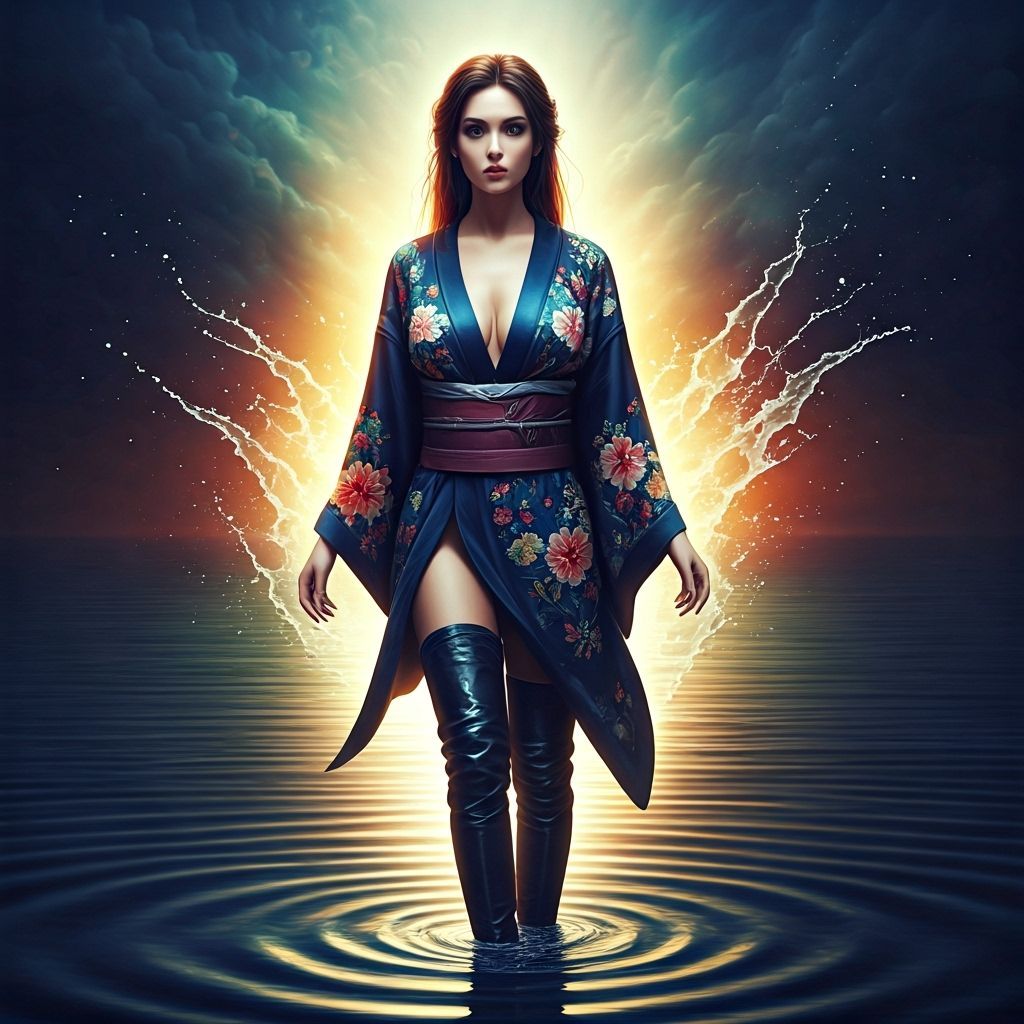 Woman in Wet Kimono and Thigh Boots Wades Towards Viewer