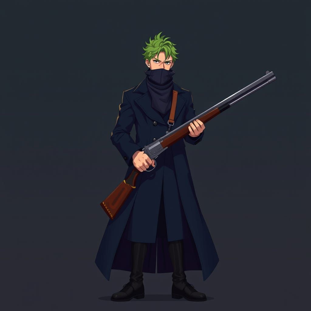 Tall Green Haired Man with Flintlock Musket in Dark Blue Coa...