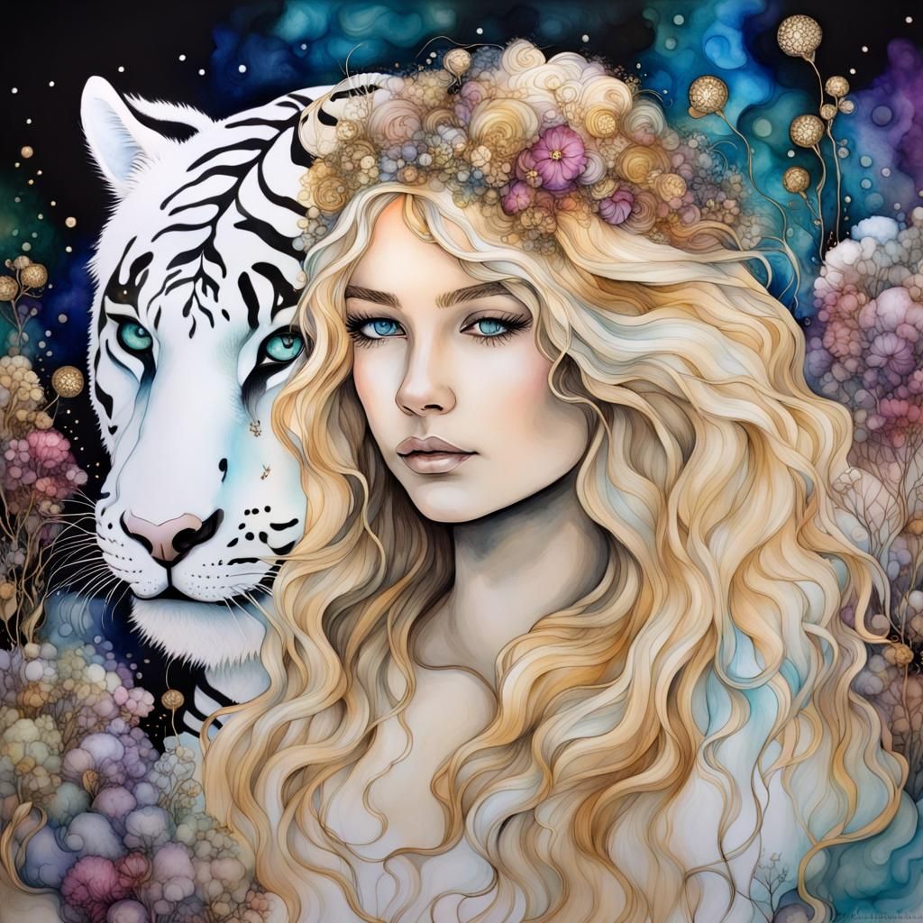 Ethereal Woman with Tiger in Alcohol Ink Art