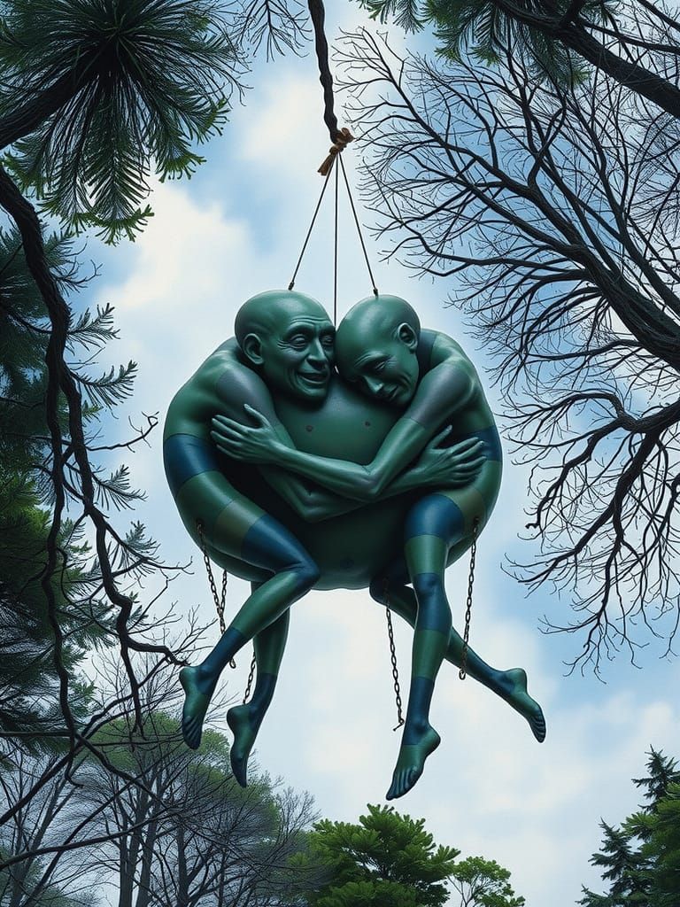 Surreal Sculpture: Deformed Figures Embrace in Forest