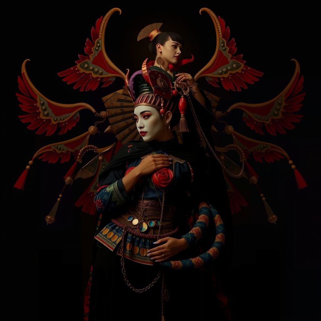 Harlequin, Geisha, and Tutankhamun in Photorealistic Full Bo...