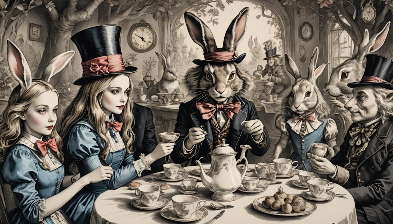 Alice in Wonderland Tea Party: Dreamlike Ink Illustration