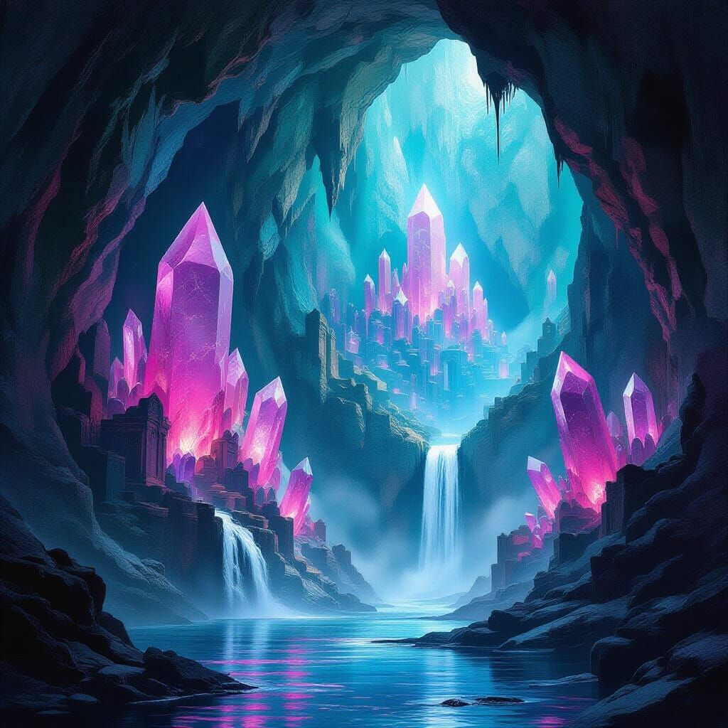 Subterranean Crystal Cavern with Ancient Architecture
