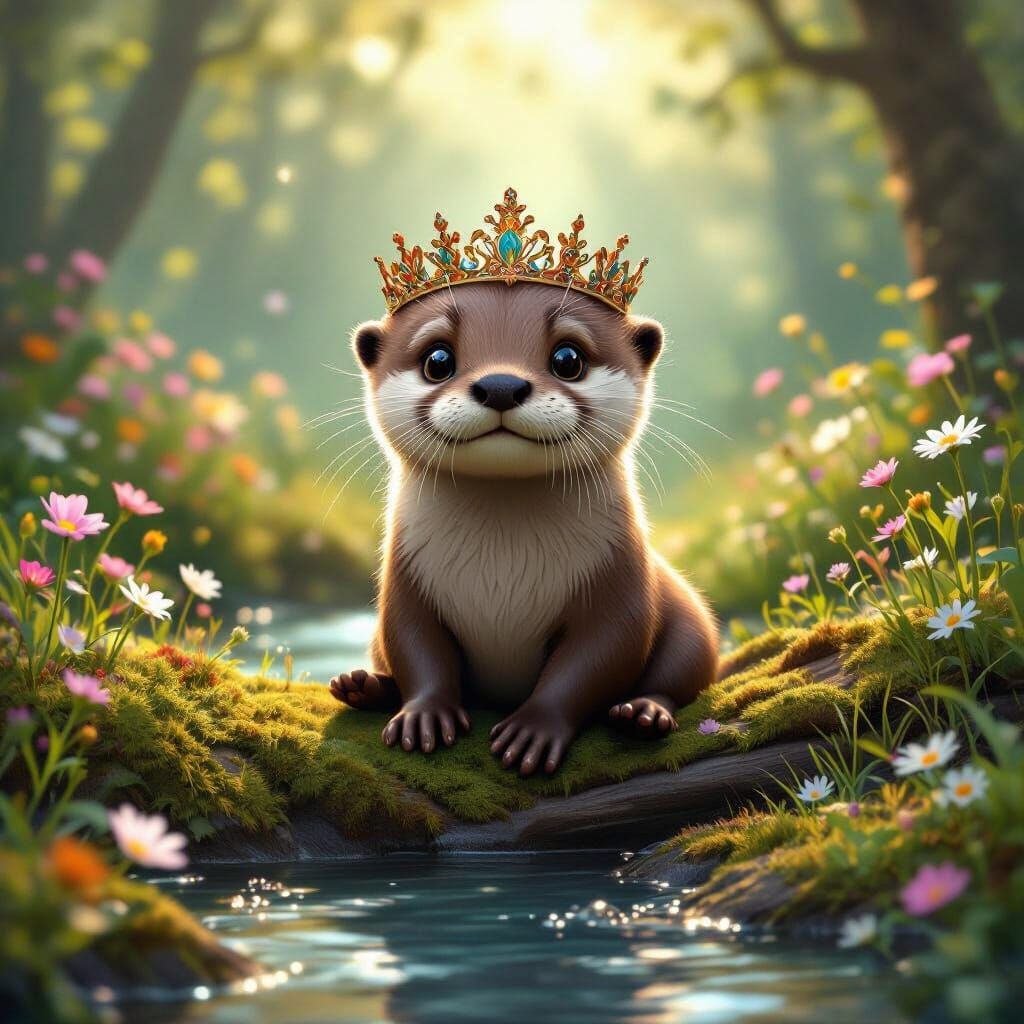 Adorable Baby Otter with Crown in Enchanted Forest