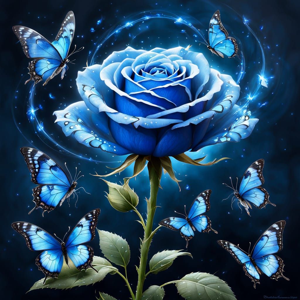 Luminous Blue Rose with Sparkling Butterflies