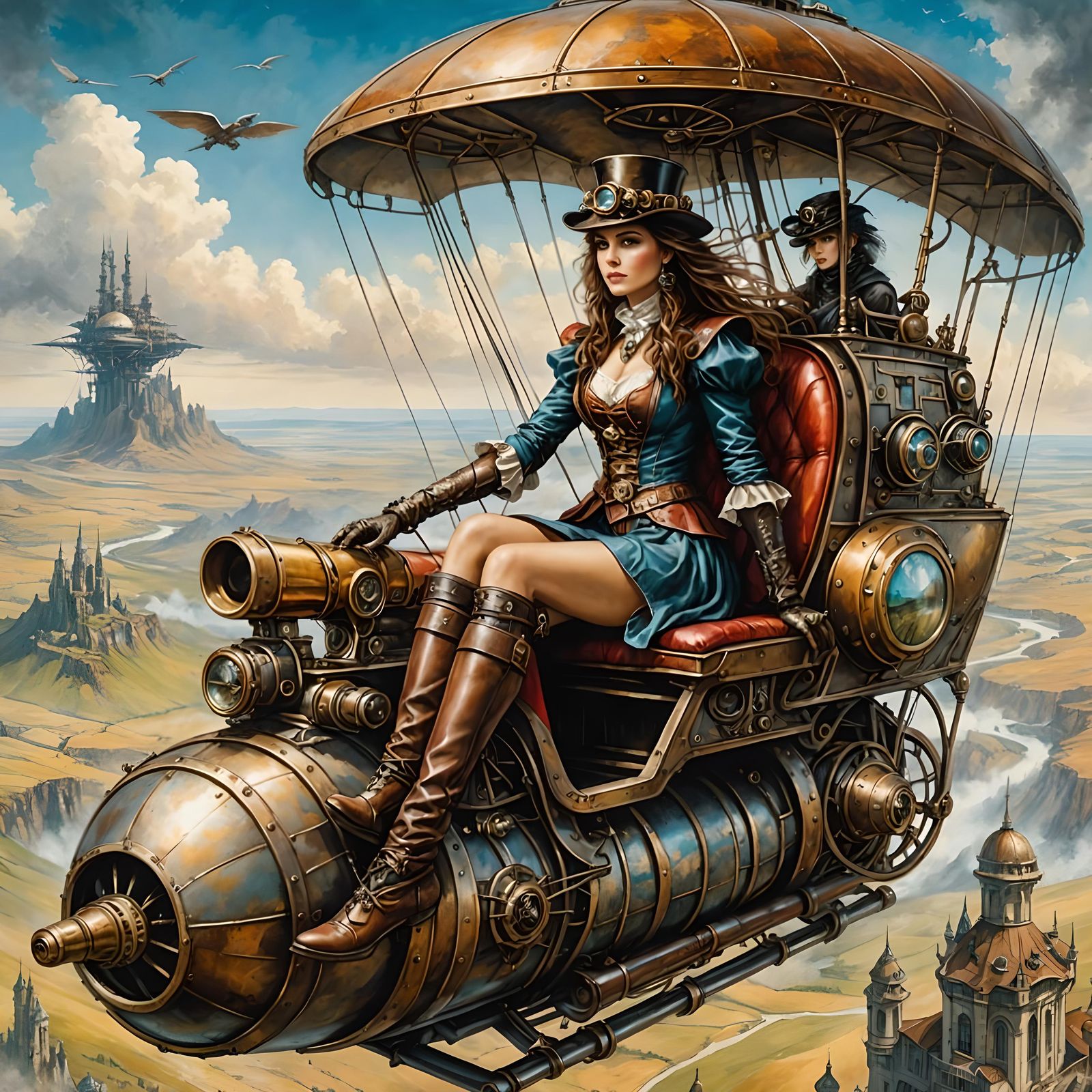 Steampunk Adventuress in Flying Machine, Comic Art Style