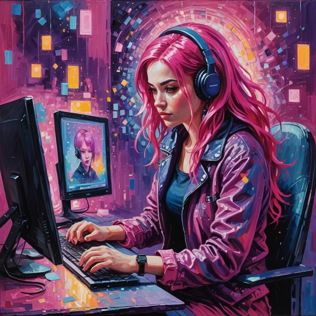 Pink-Haired Gamer Girl in Neo-Impressionist Style