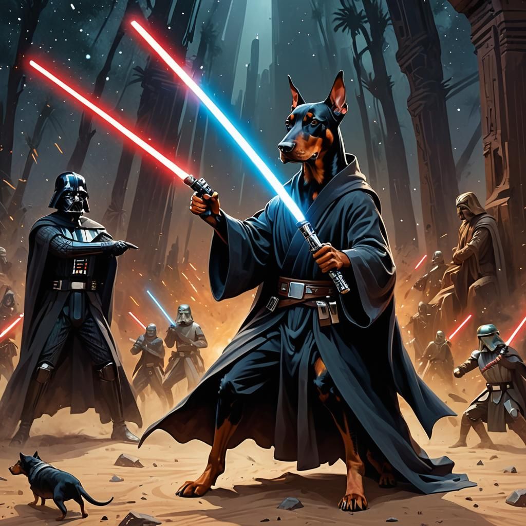 Doberman Jedi with Lightsaber in Impressionist Style