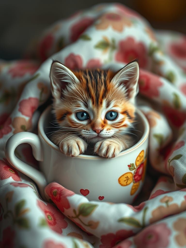 Whimsical Baby Cat in a Floral Mug Scene
