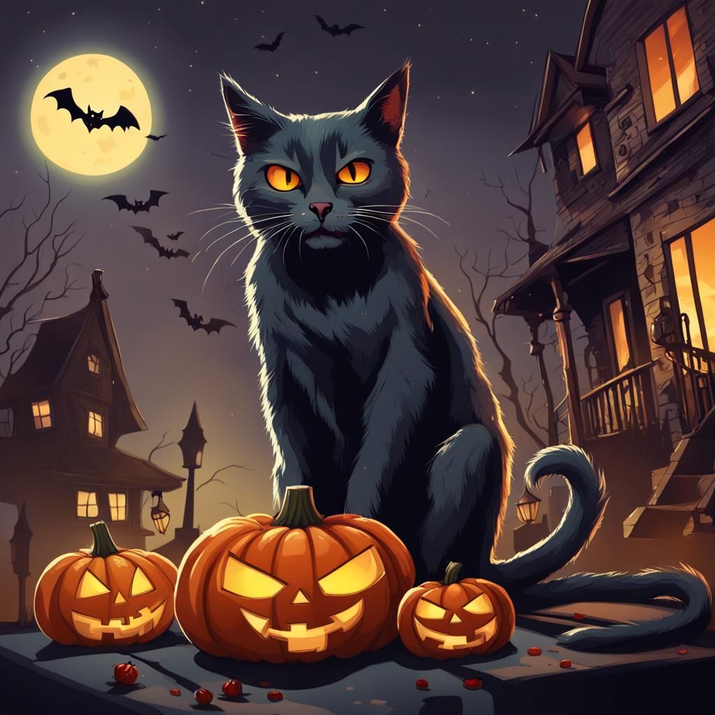 Halloween Zombie Cat Feast Under Moonlight