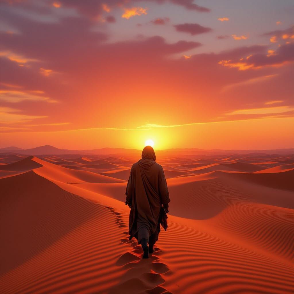 Sahara Sunset Silhouette in Impressionist Style