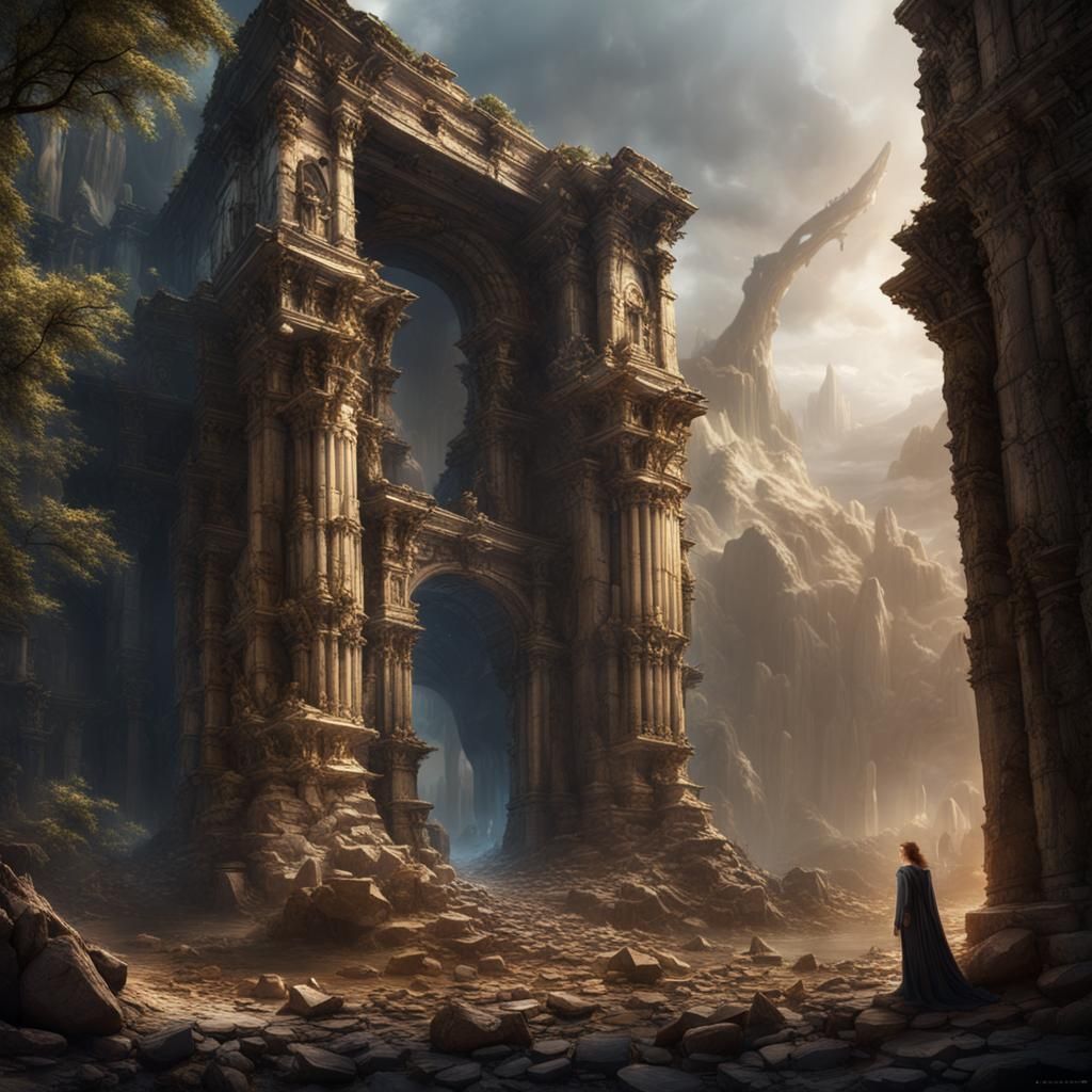 Angelic Figure Among Ancient Ruins in Detailed Matte Paintin...