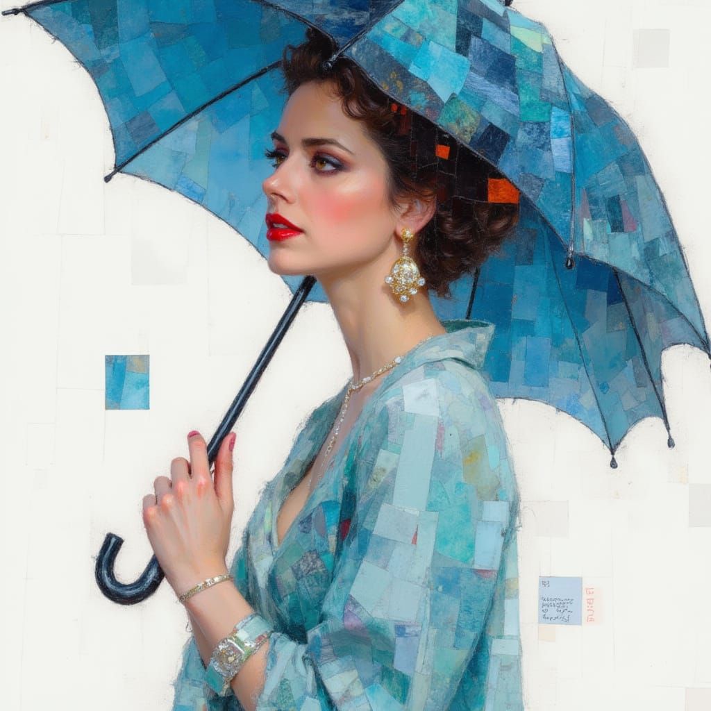 Woman With Blue Umbrella In Palette Knife Style
