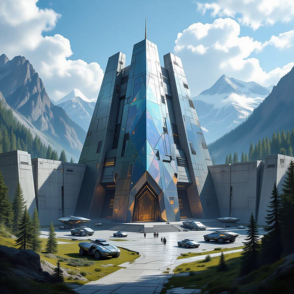 Prismatic Metal Fortress in Mountain Valley