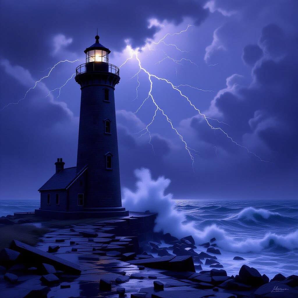Ancient Lighthouse Battles Stormy Seas in Dramatic Matte Pai...