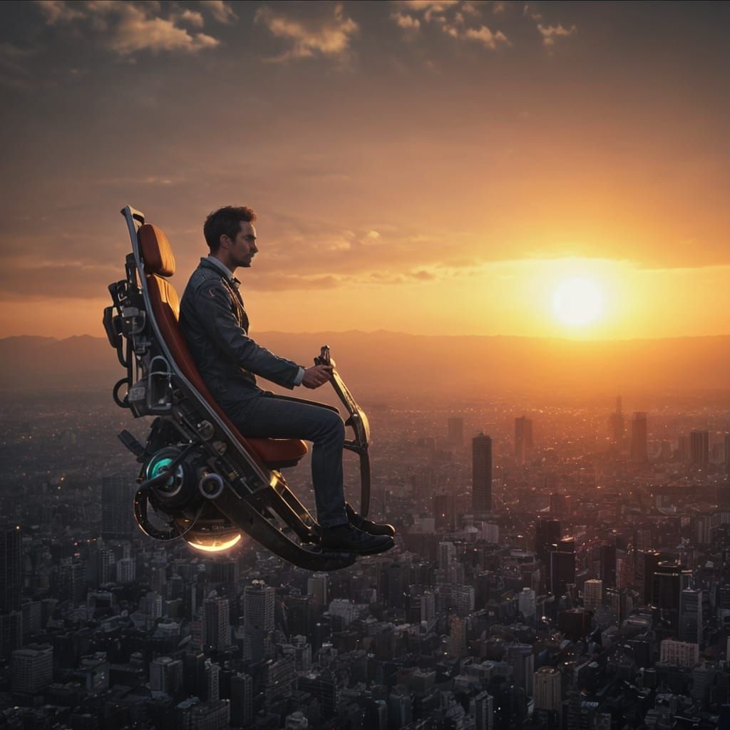 Man Soars Over Tokyo in a Futuristic Flying Chair at Sunset