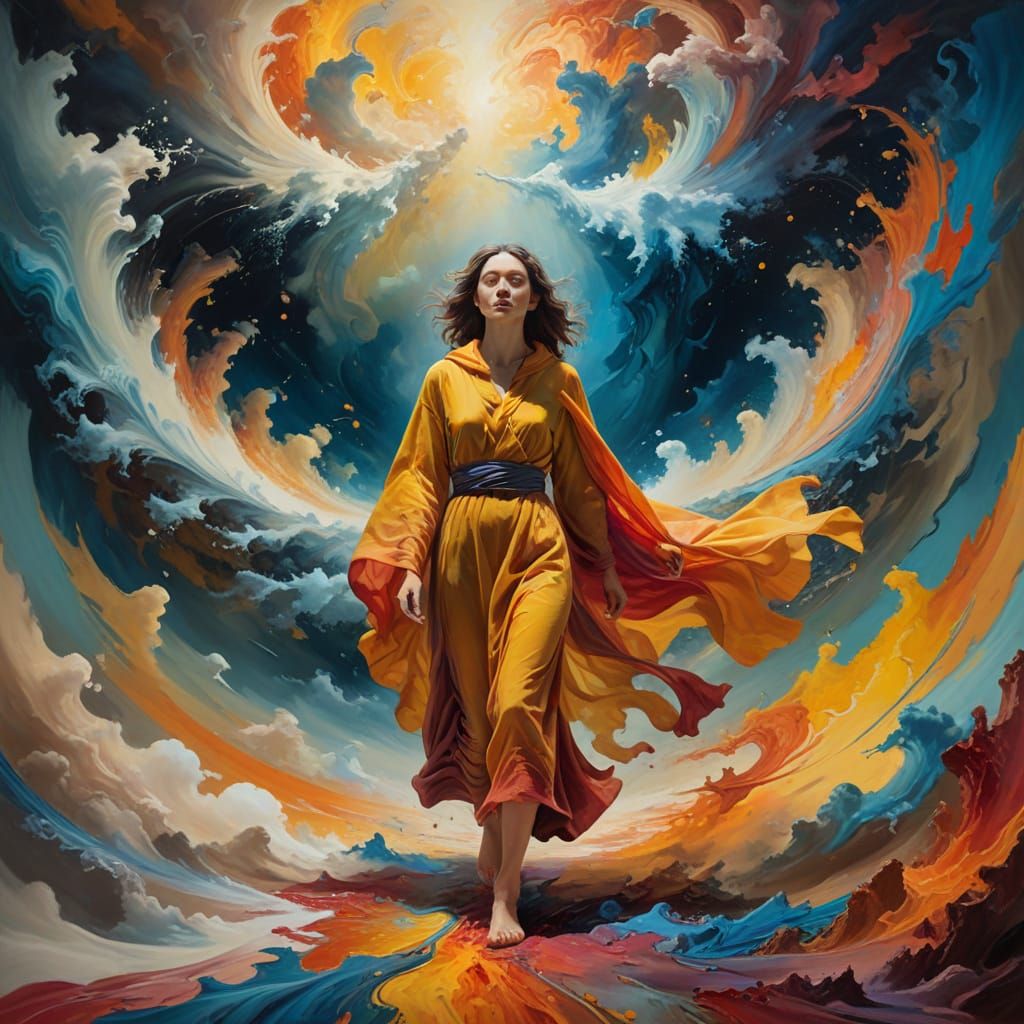 Ethereal Figure Enters Vibrant Vortex in Dynamic Oil Paintin...