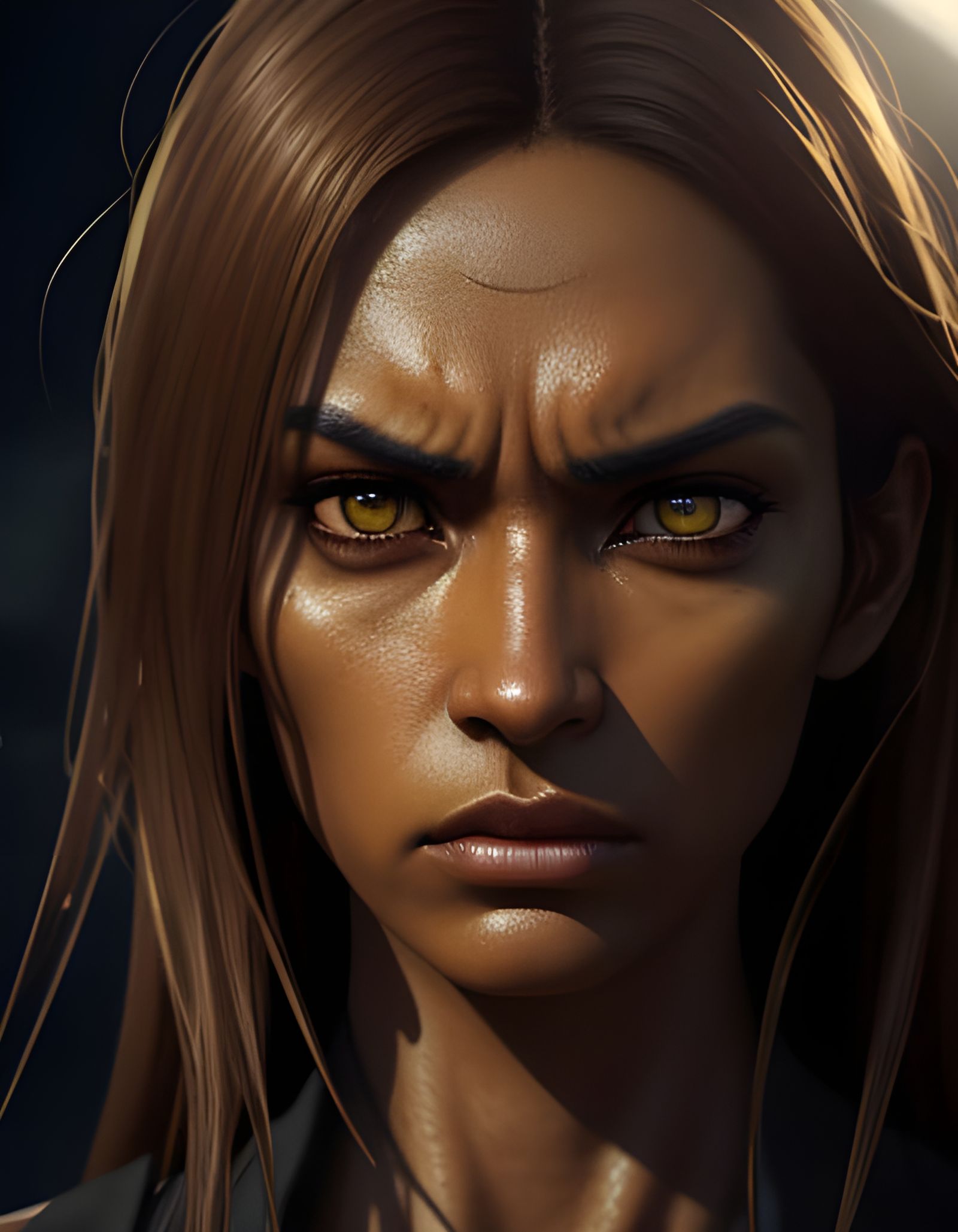 Tanned Model's Angry Look in Photorealistic Digital Art