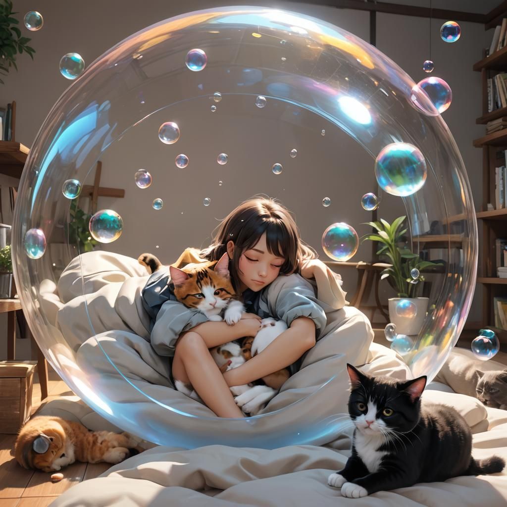 Puppy and Cat in Bubbles: 3D Anime Art