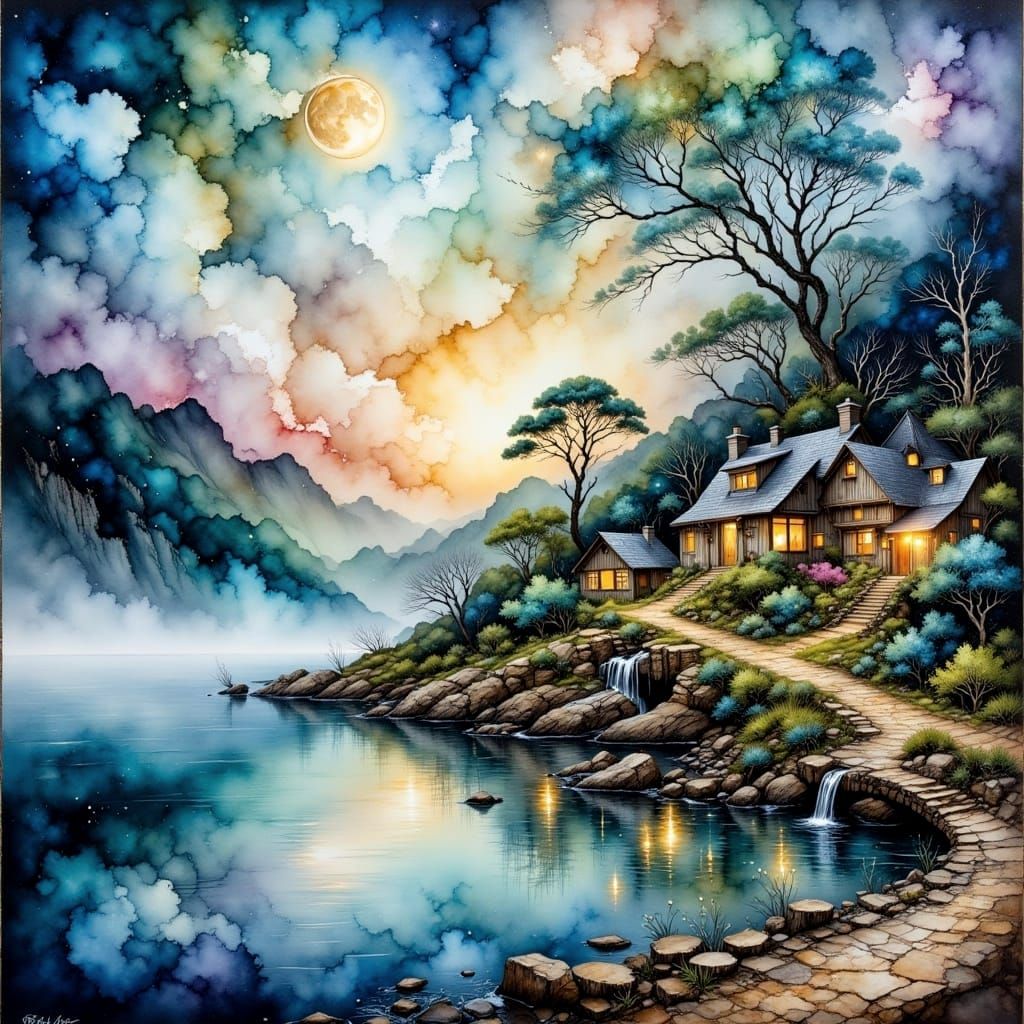 Enchanting Pastel Fishing Port in Moonlight