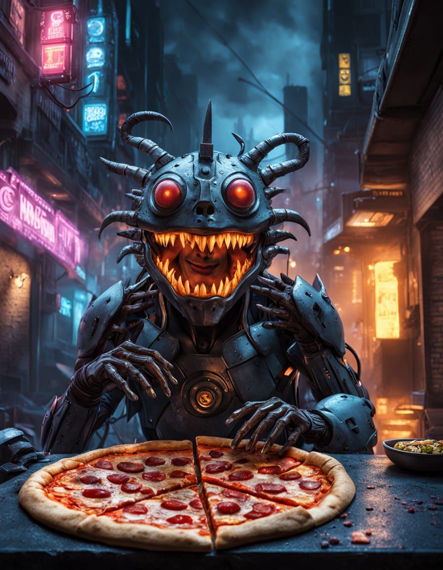 Cyberpunk Pizza Monster Eats Pizza