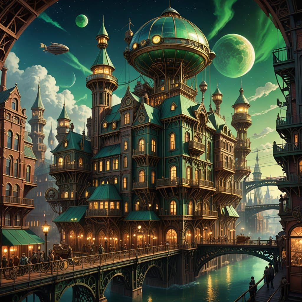 Steampunk City Above Giant Gears with Artificial Aurora