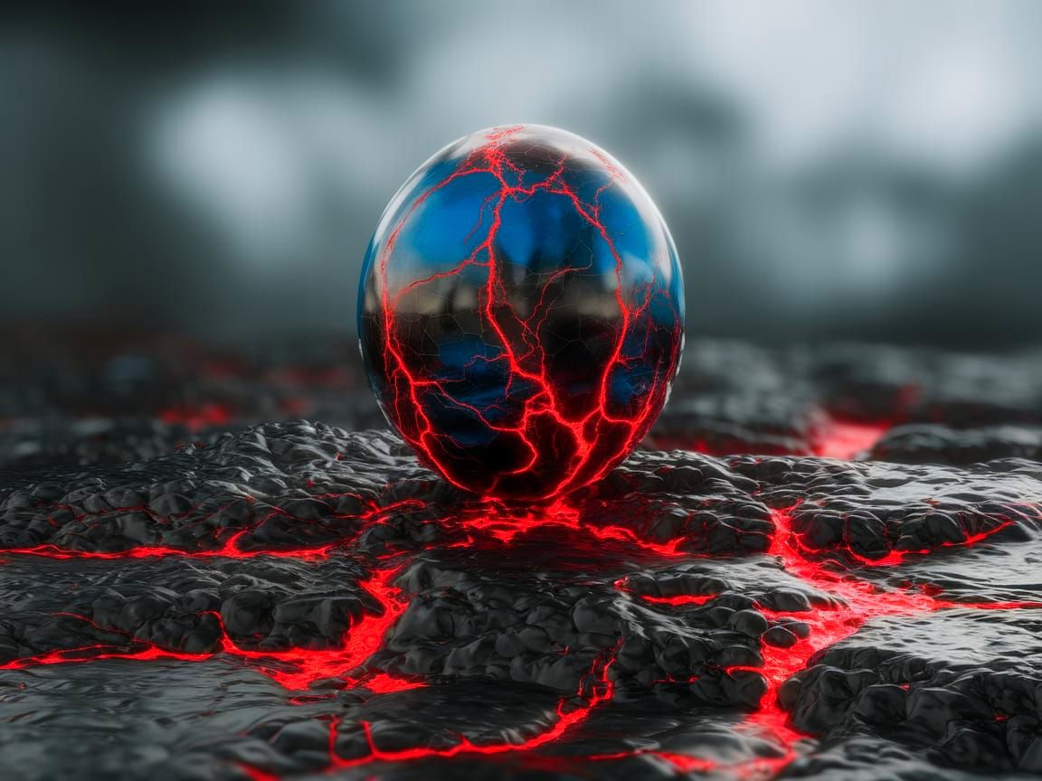 Surreal, Cinematic Blue Egg with Lava Veins on Rocky Surface