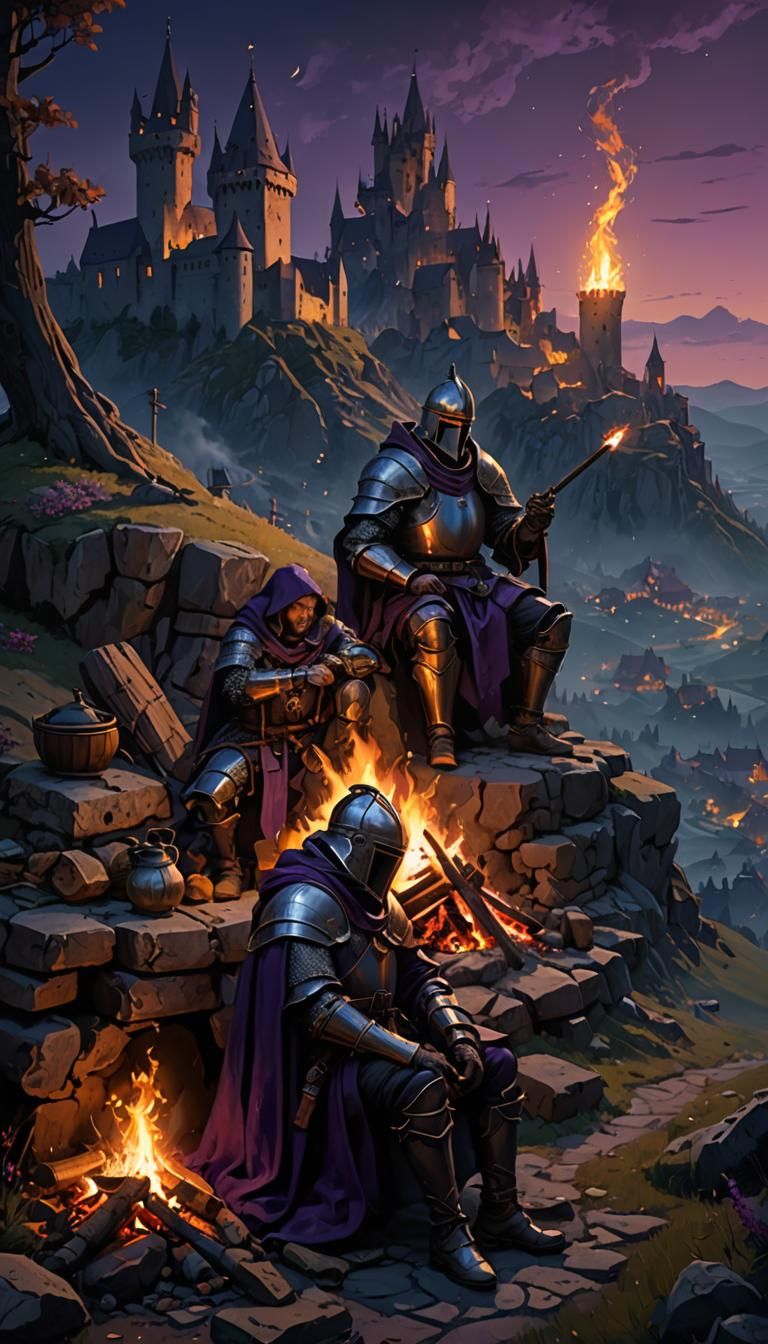 Knight and Wizard Bonfire: Dark Fantasy Concept Art