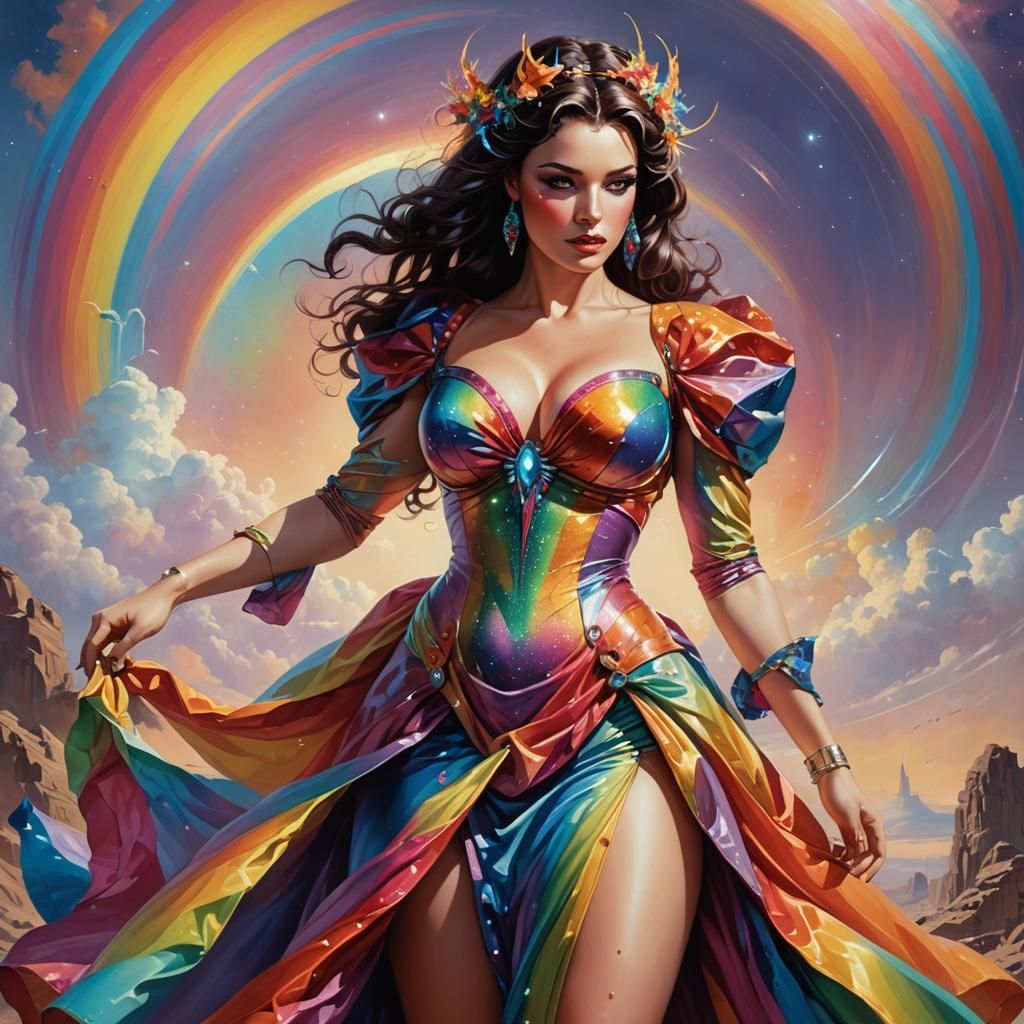 Fantasy Woman in Rainbow Dress, Boris Vallejo Style