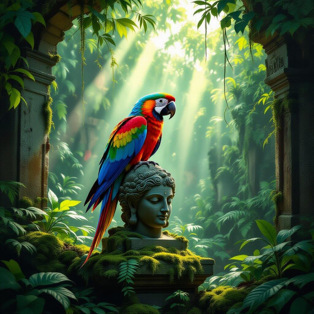 Jewel-Toned Parrot in Ancient Jungle Ruins
