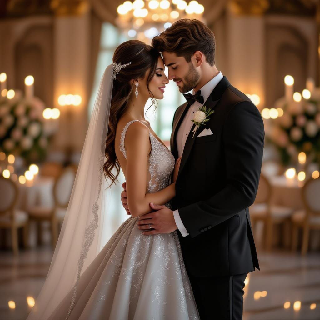 Romantic Couple in Shimmering Grey Wedding Attire