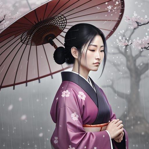 Samurai Meditation under Cherry Tree: Japanese Watercolor