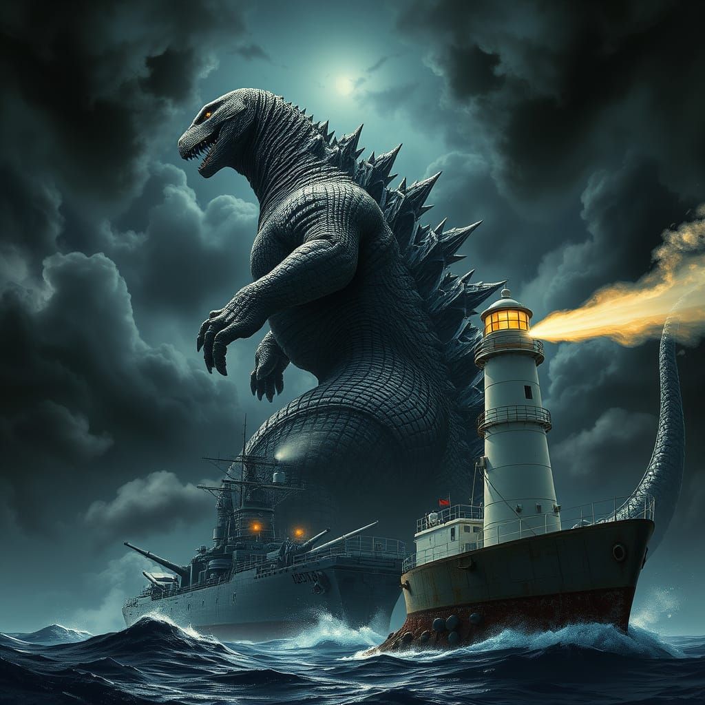 Godzilla Towers Over Warship in Apocalyptic Scene
